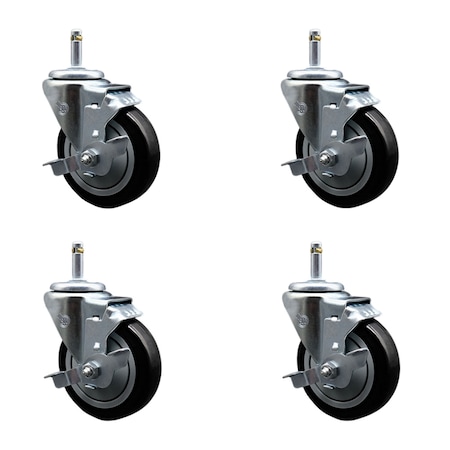 Service Caster 4'' Black Poly Swivel 7/16'' Grip Ring Stem Caster Set with Brake, 4PK SCC-GR20S414-PPUB-BLK-TLB-716138-4